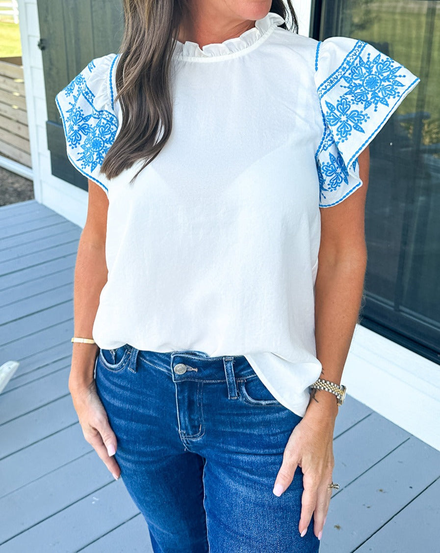 Embroidered Ruffle Sleeve Blouse