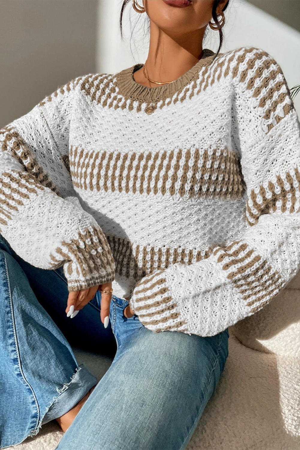 Stripe Cable Drop Shoulder Sweater