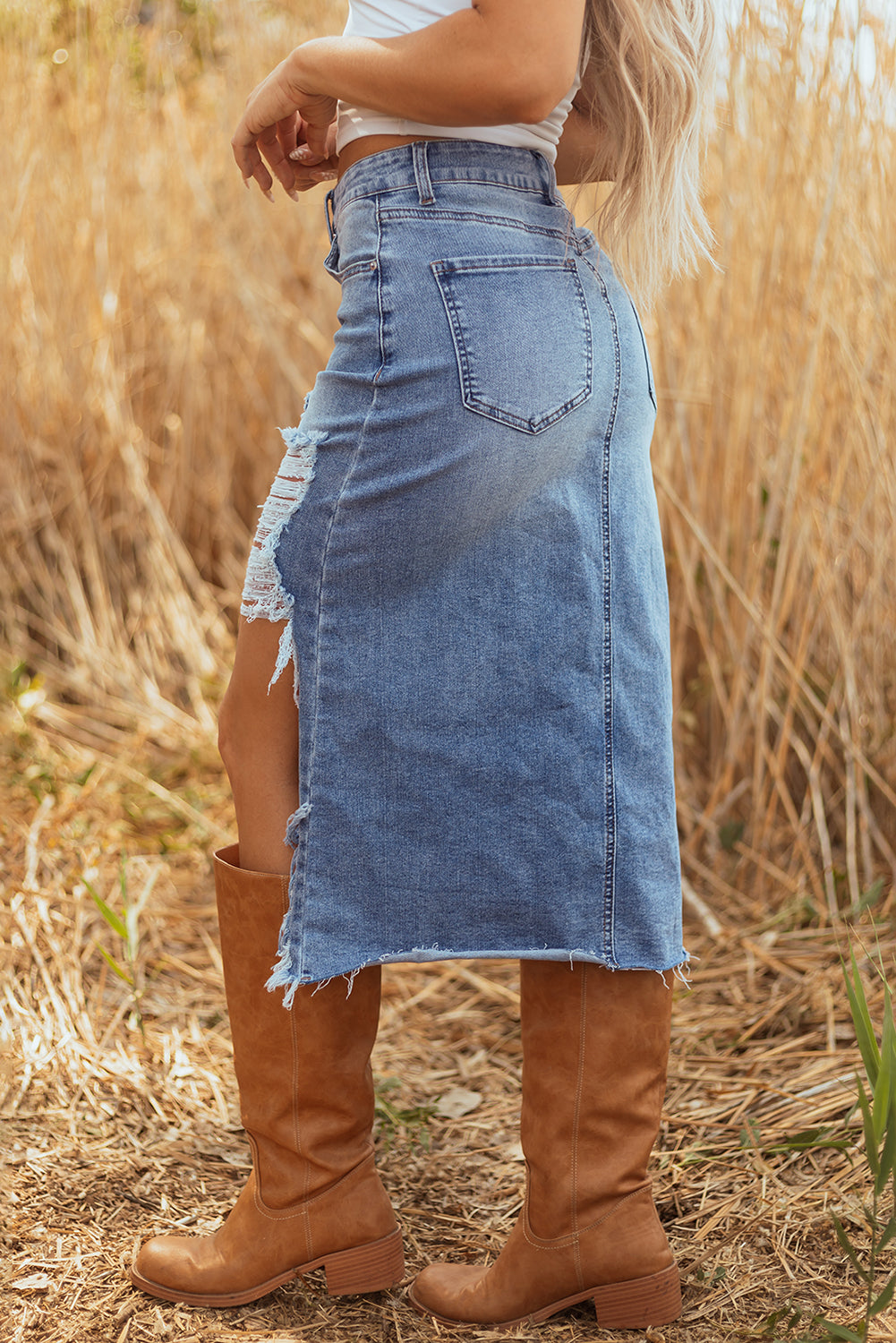 Denim Asymmetrical Distressed Midi Skirt