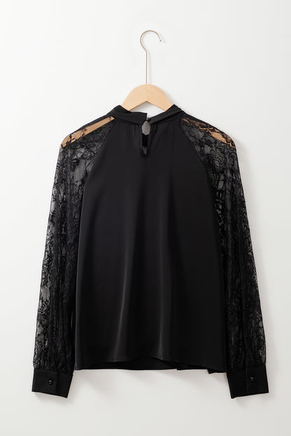 Lace Patchwork Sleeve Keyhole Neckline Blouse
