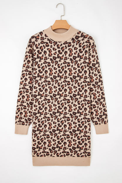 Leopard High Neck Long Sleeve Sweater Dress