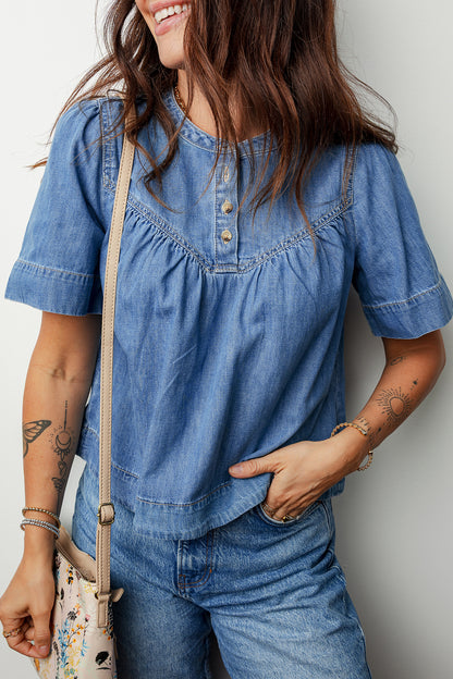 Denim Pleated Half Buttoned Short Sleeve Top