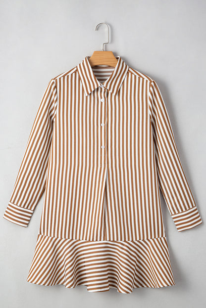 Stripe Ruffle Hem Collared Long Sleeve Shirt Mini Dress