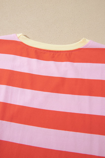 Stripe Cuffed Short Sleeve T-Shirt Long Dress w/ Pockets