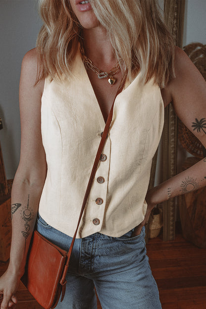 Solid Sleeveless Buttoned V-Neck Top