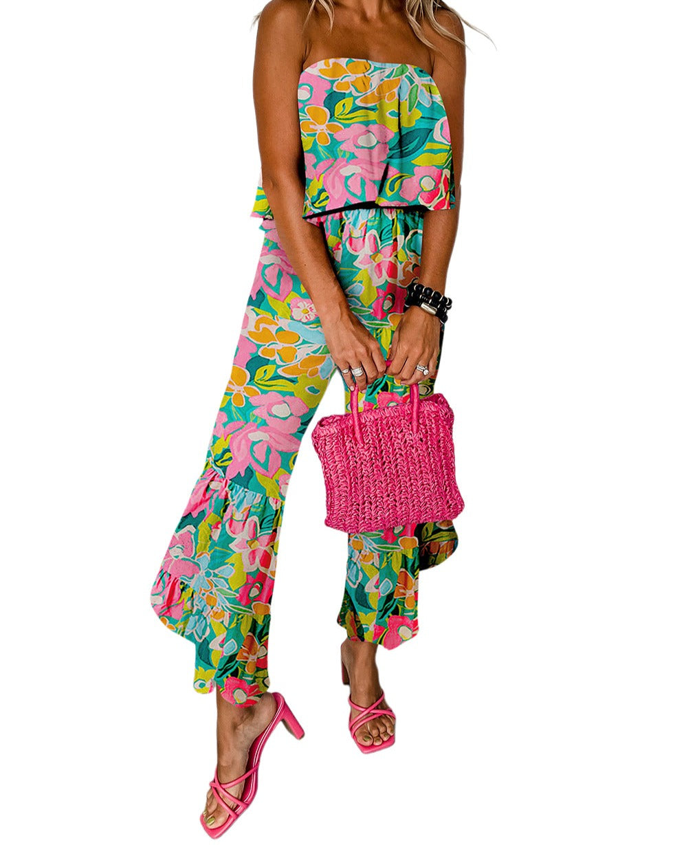 Tropical Strapless Ruffle Jumpsuit