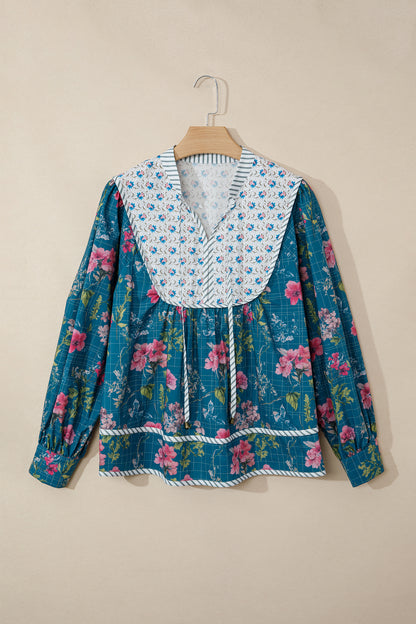 Floral Stripe Patchwork Long Puff Sleeve Blouse