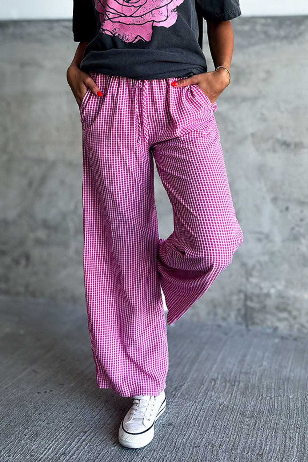 Plaid Drawstring Wide Leg Pants