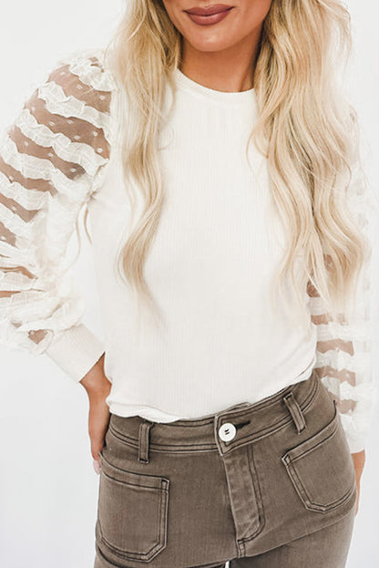 Stripe Mesh Sleeve Knit Top