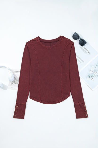Solid Ribbed Knit Buttoned Long Sleeve Top