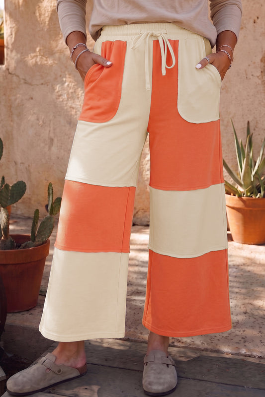 Colorblock Raw Seam Wide Leg Ankle Length Pants