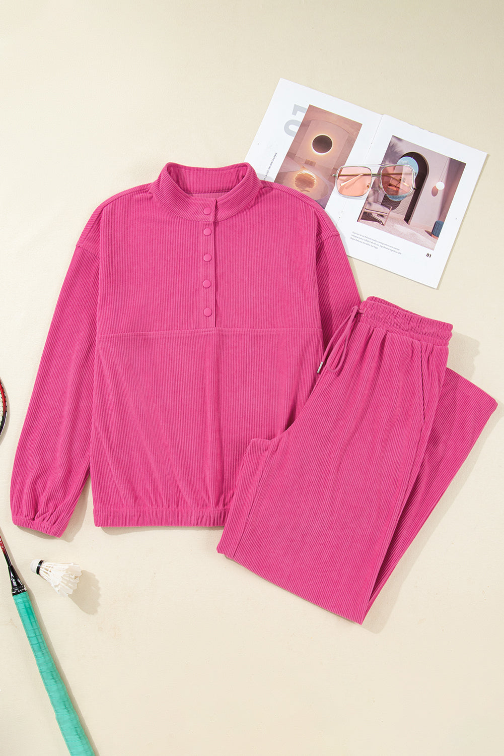 Solid Corduroy Pullover and Drawstring Pants Set