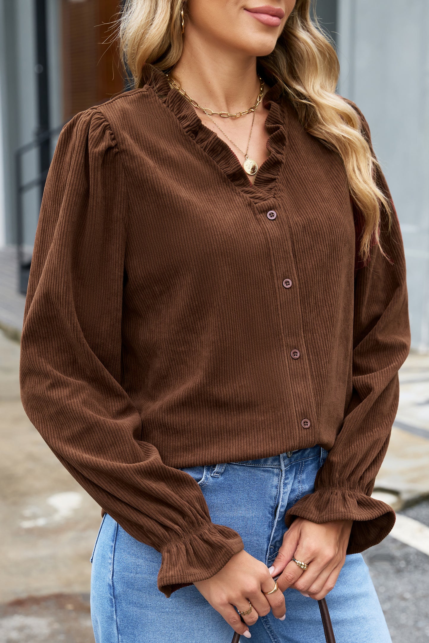 Solid Ruffle Trim V-Neck Long Sleeve Corduroy Shacket