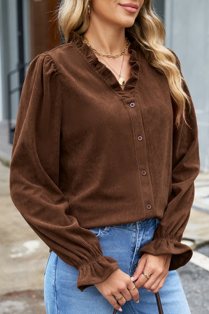 Solid Ruffle Trim V-Neck Long Sleeve Corduroy Shacket