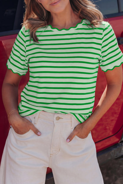 Stripe Scallop Trim Round Neck T-Shirt