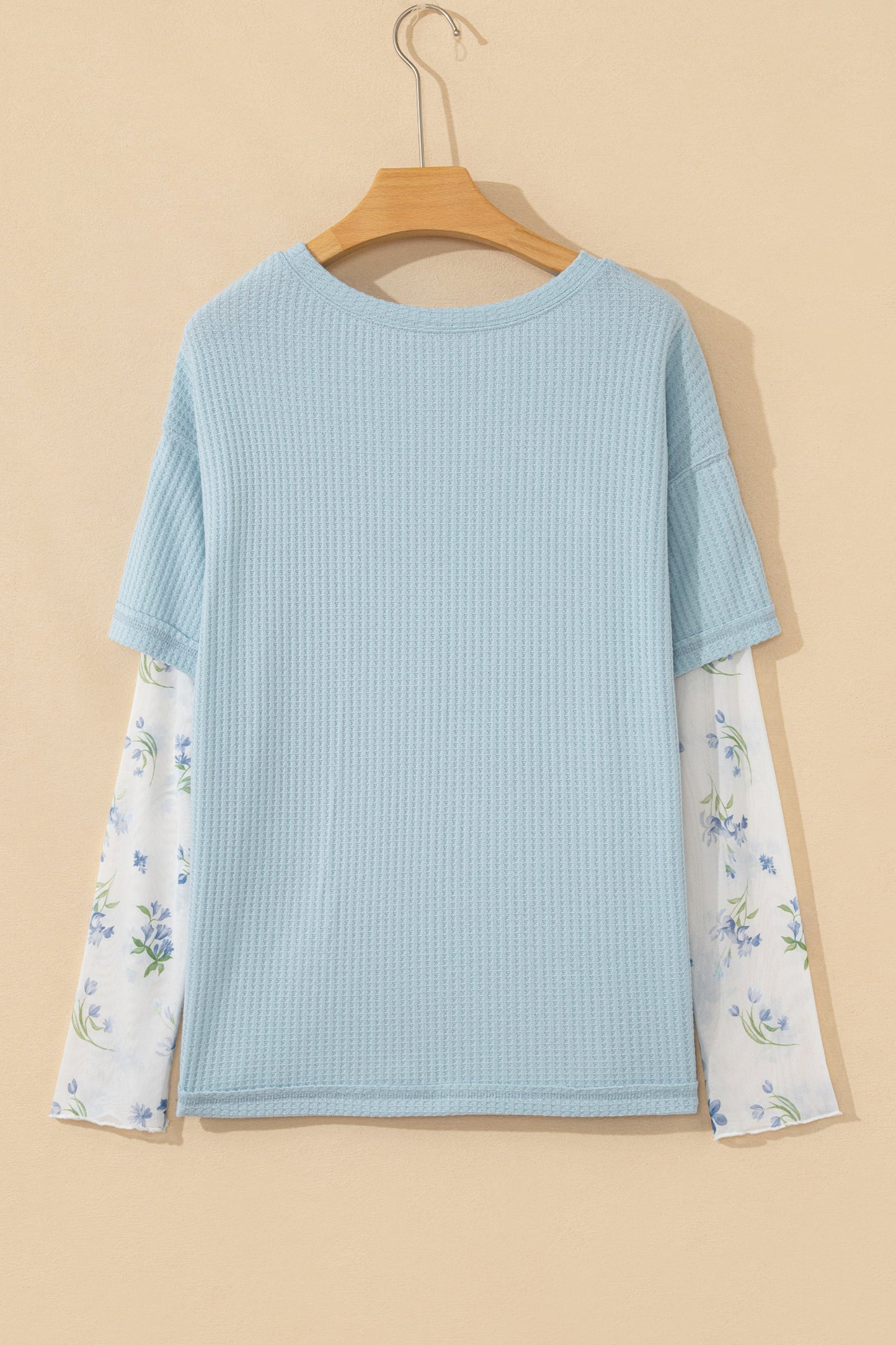 Floral Mesh Patchwork Waffle Fake Two-Piece Top