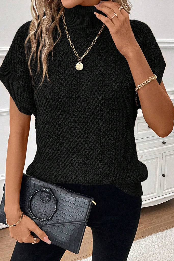 Turtleneck Textured Short Sleeve Sweater