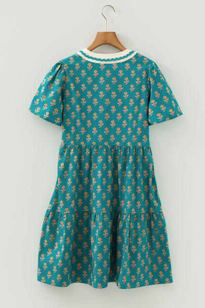 Floral Contrast Trim V-Neck Short Sleeve Dress