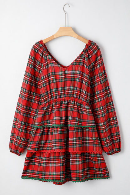 Plaid Ricrac Trim Long Sleeve Tiered Mini Dress