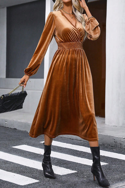 Velvet Smocked Waist Midi Dress