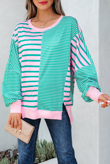 Stripe Colorblock Patchwork Side Slit Sweatshirt