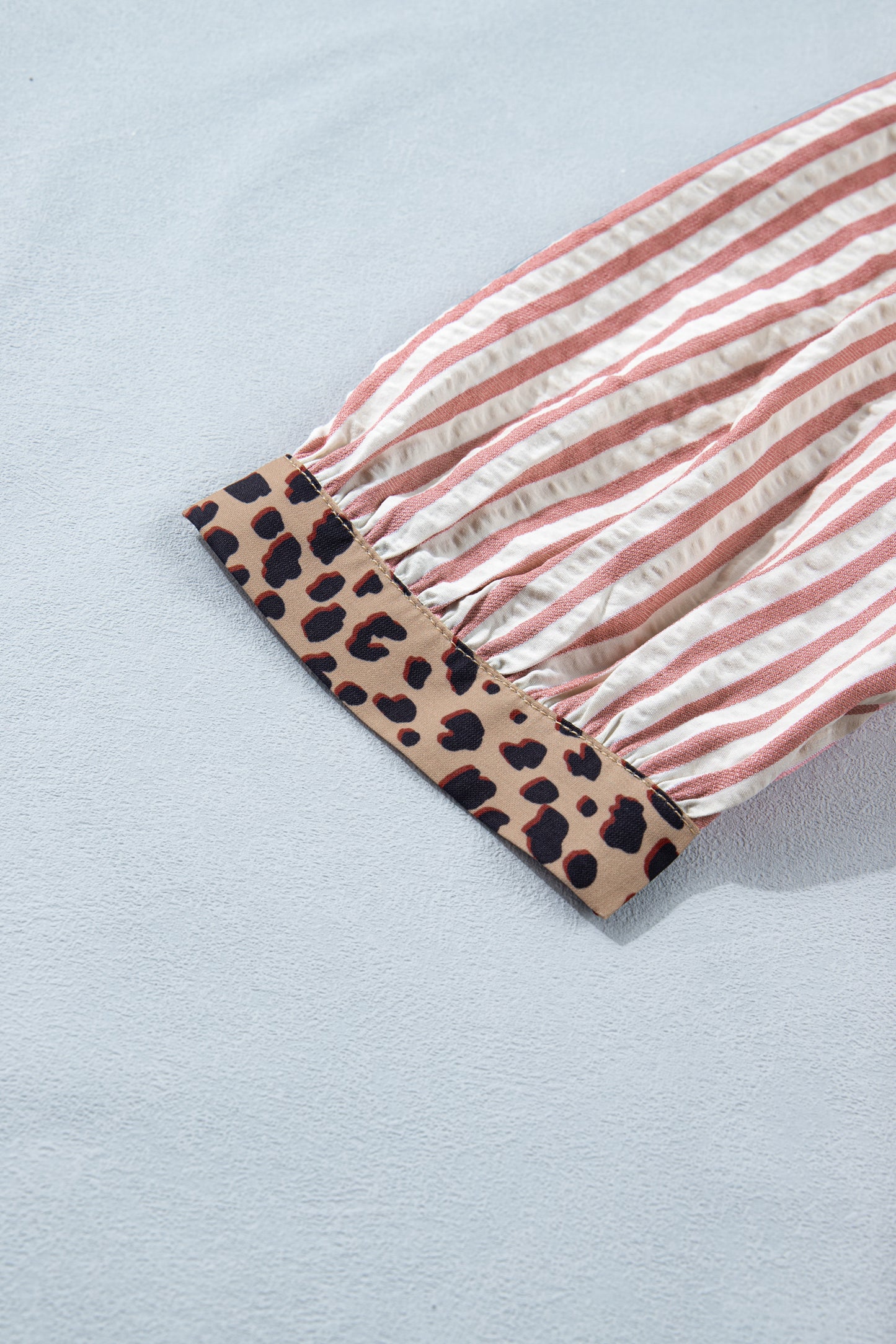 Stripe Leopard Trim V-Neck Buttoned Short Sleeve Shirt