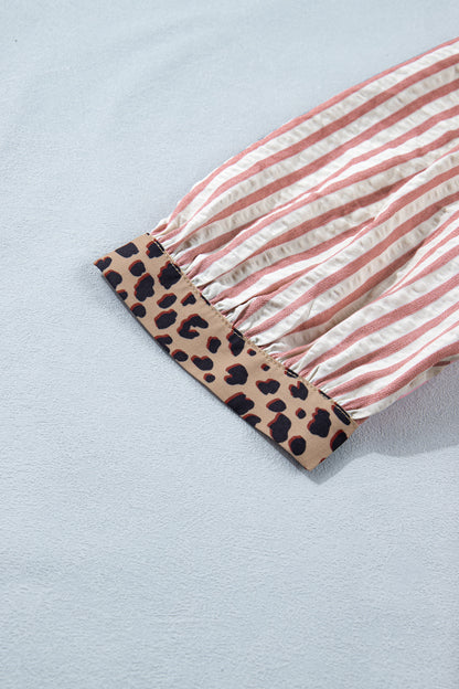 Stripe Leopard Trim V-Neck Buttoned Short Sleeve Shirt