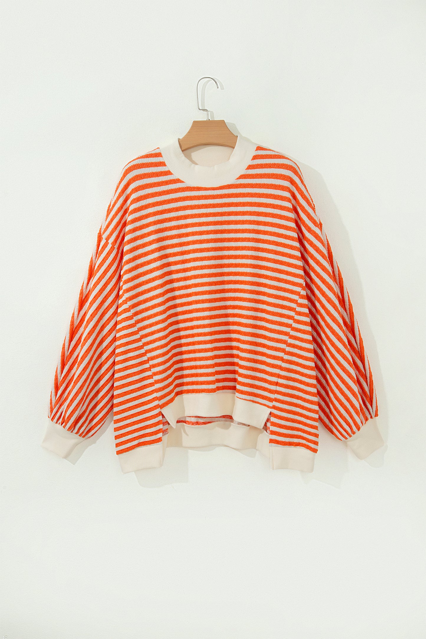 Stripe Textured Mock Neck Long Sleeve Oversized Top