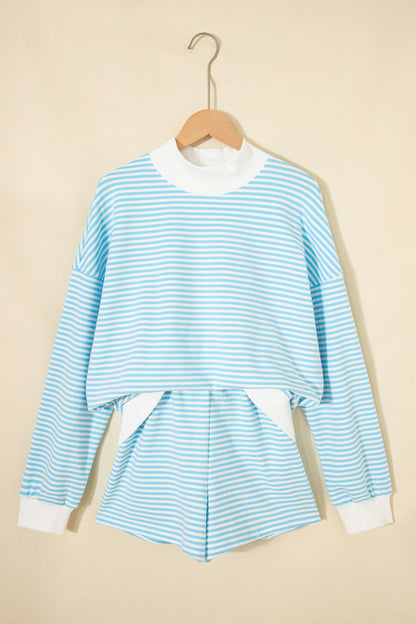 Stripe Oversized Mock Neck Sweatshirt & Shorts Set
