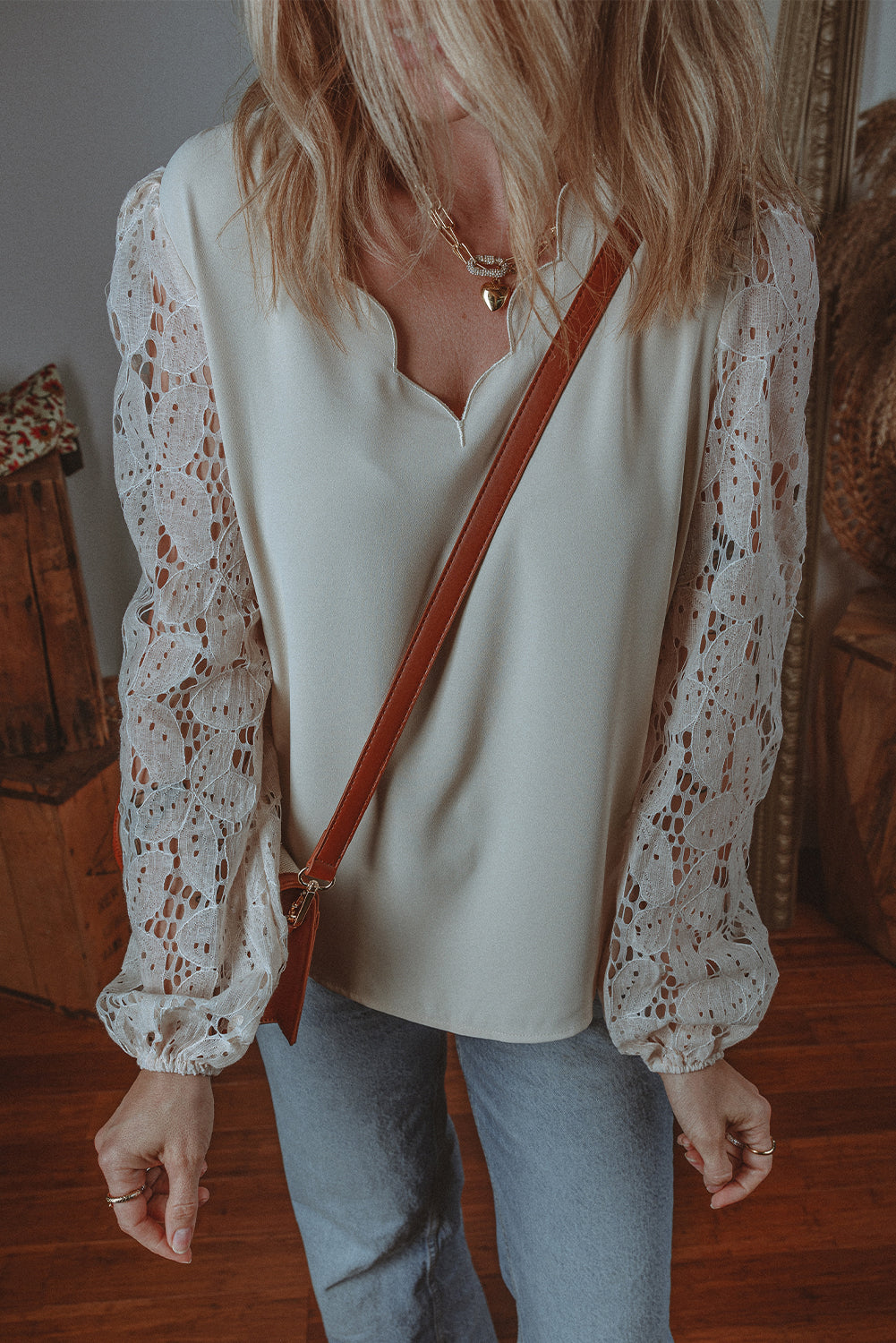 Lace Lantern Sleeve V-Neck Blouse