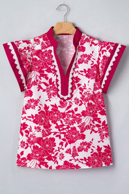 Floral Colorblock Lace V-Neck Flutter Sleeve Blouse