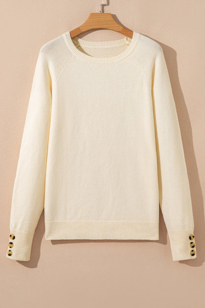 Solid Buttoned Bishop Long Sleeve Crew Neck Sweater