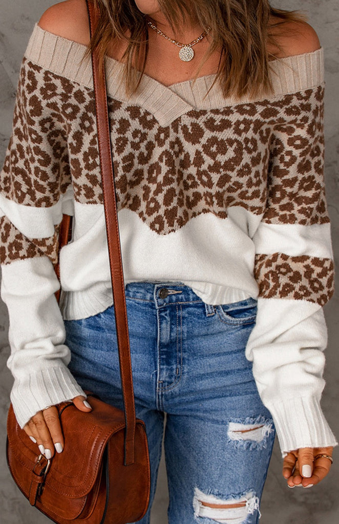 Leopard Off-the-Shoulder Knit Sweater