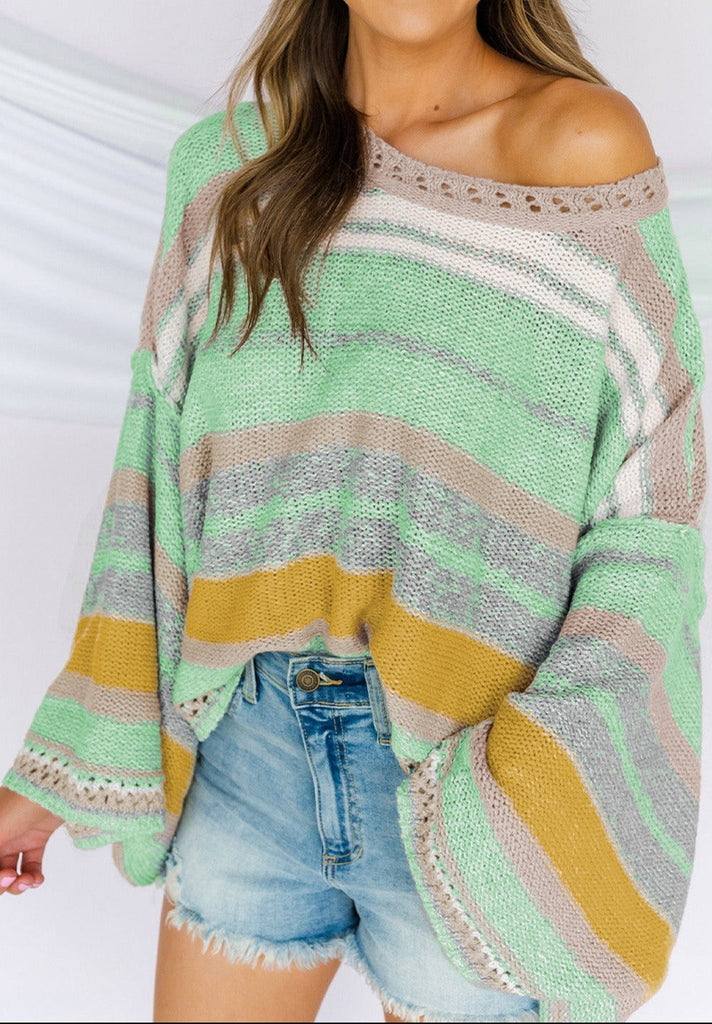 Striped Bell Sleeves Loose Knit Sweater